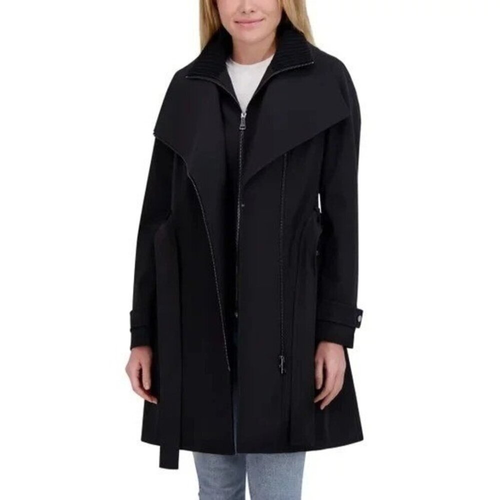Halston Women's M Black Belted Trench Coat With Zip Details & Lined M0503